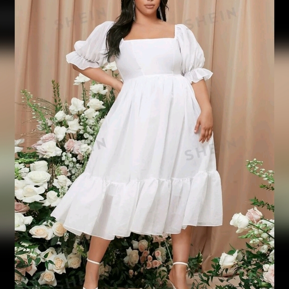 NEW White Square Neck Milkmaid Puff Sleve Midi Dress - Picture 5 of 10